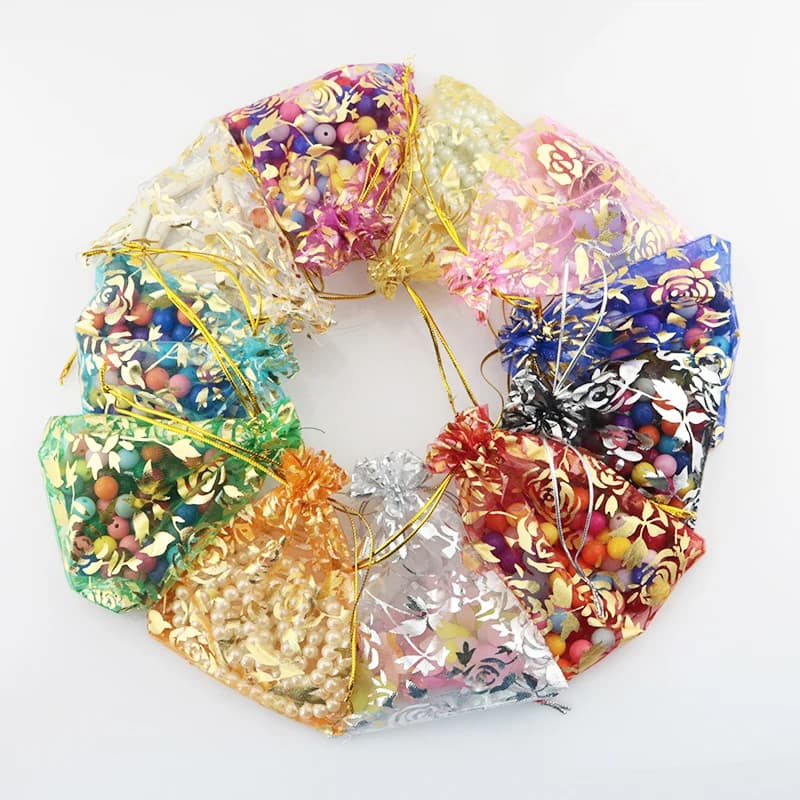 100Pcs 15x20cm 17x23cm 20x30 Gold Color Love Heart Rose Organza Bag Wedding Candy Gift Christmas Bags Jewelry Decoration Packing