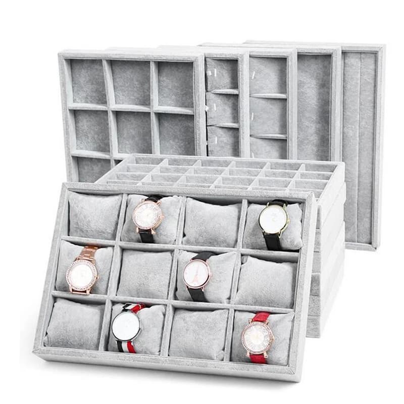 Fashion Ice Grey Velvet Jewelry Tray Jewelllery Storage Box Watch Holder Necklace Ring Earrings Pendant Display Organizer Series