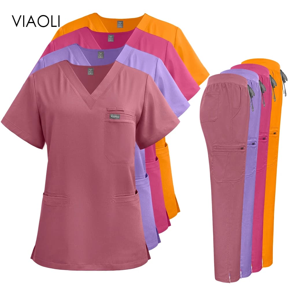 V-Neck Scrubs Top Straight Pants Uniforms Set Medical Nurse Uniforms Hospital Dentist Overalls Pharmacy Work Clothes Pocket Suit