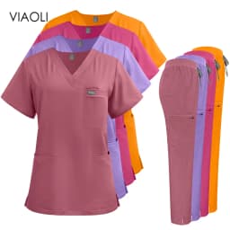 V-Neck Scrubs Top Straight Pants Uniforms Set Medical Nurse Uniforms Hospital Dentist Overalls Pharmacy Work Clothes Pocket Suit