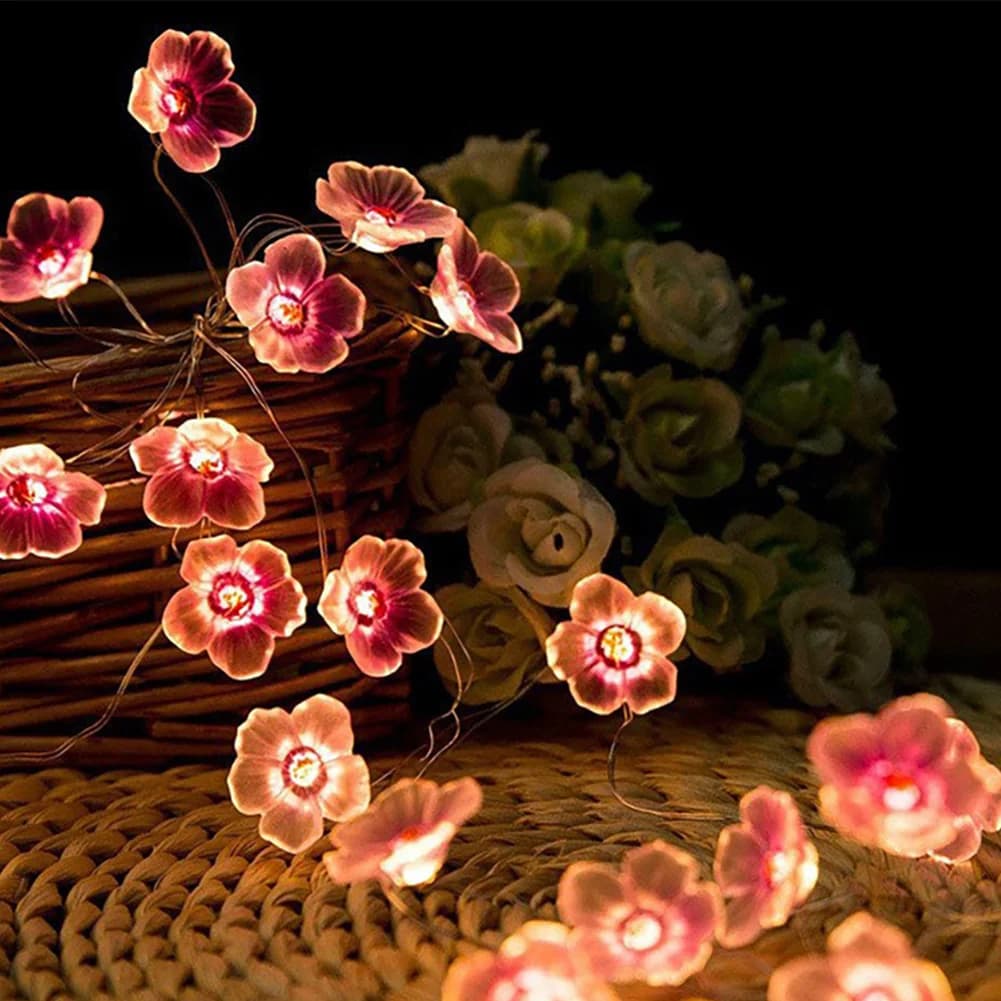 Cherry Blossom Flower Garland Lamp Battery/USB Operated LED String Fairy Lights Crystal Flowers Indoor Wedding Christmas Decors