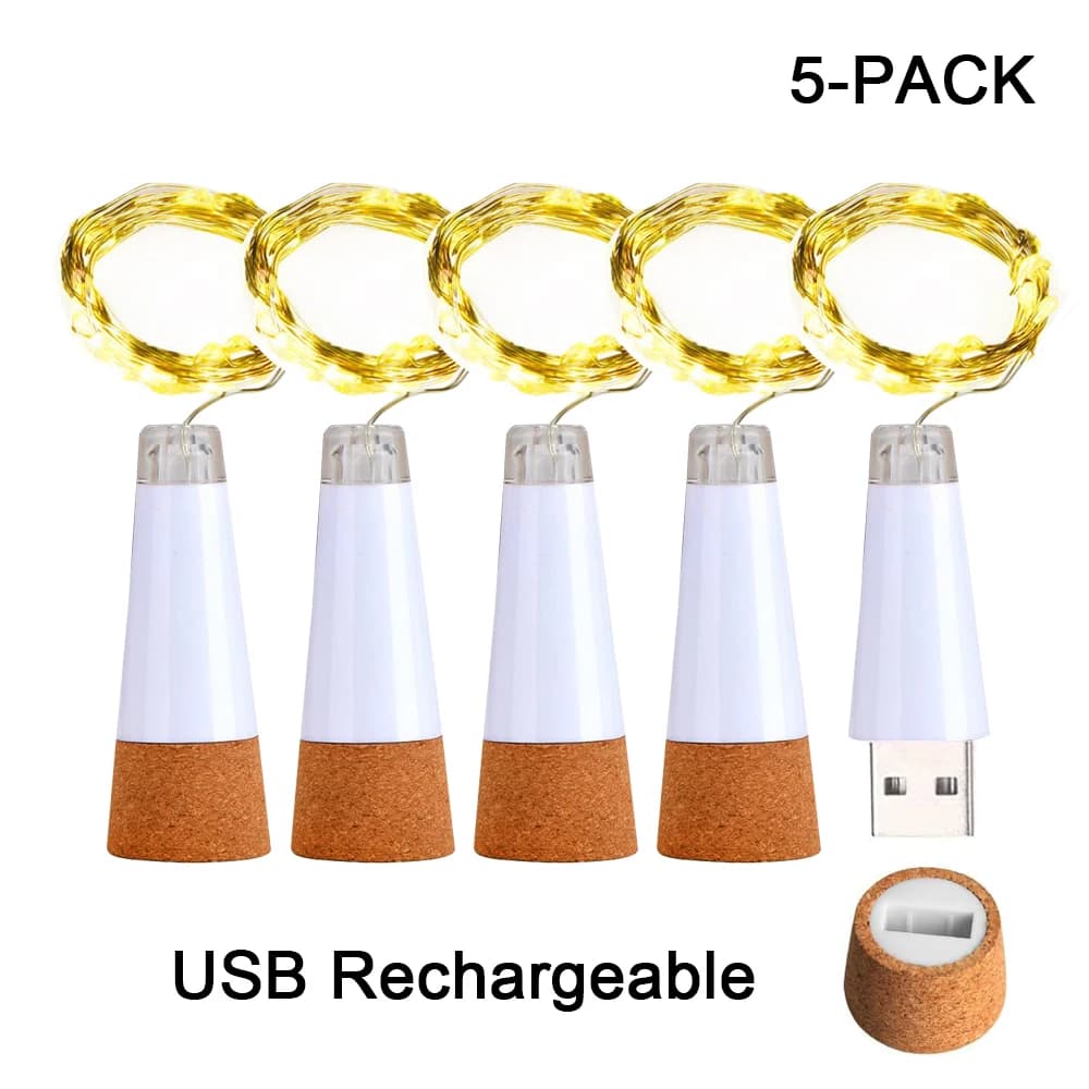 5-pack 2m Cork Bottle Fairy Lights USB Rechargeable Christmas Garland String Lights for Bedroom Room Home Wedding Party Decor