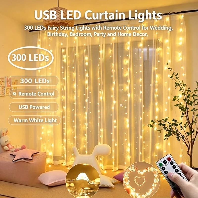 USB LED Curtain Lights with Remote Control, Christmas Fairy Lights for Wedding Birthday Bedroom Party Home Decor