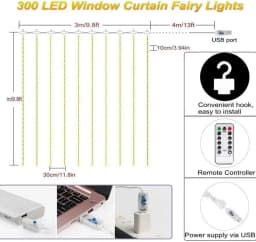 300LED Curtain Fairy Lights 8 Modes Indoor Twinkle String Lights with Remote Bedroom Window Wedding Party Wall Decor Christmas