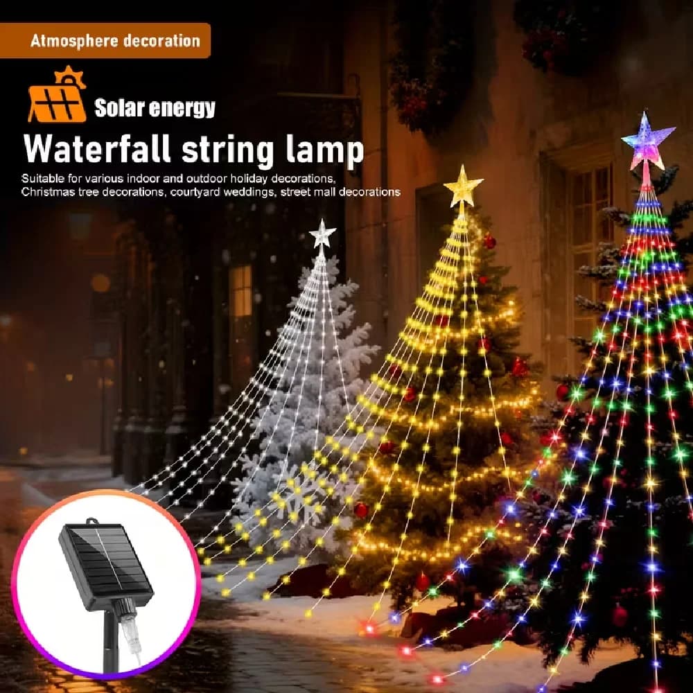 Solar Powered Decorative Star Waterfall Lights 8 Modes IP67 Waterproof Outdoor Party Ambient String Lights Xmas Tree Decor
