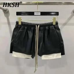 HKSH Women's Tide RO Style PU Leather Shorts Streetwear Fashion Pocket Comfortable New Versatile Dark Chic Y2K Punk Capris H2512