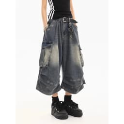 American Style Women Vintage Washed Workwear Denim Shorts Multiple Pockets Pleated Design Loose Drapey Seven-Foot Pants