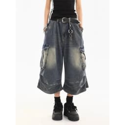 American Style Women Vintage Washed Workwear Denim Shorts Multiple Pockets Pleated Design Loose Drapey Seven-Foot Pants