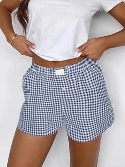 Shorts for Women Teen-girls Elastic Waistband Pull-on Red Blue Plaid Shorts Outfit Casual Lounge Summer Shorts