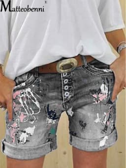 2025 Female Casual Bottoms Harajuku Vintage Streetwear Summer New Buttons Women Denim Shorts Washed Flower Print Jeans