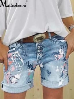 2025 Female Casual Bottoms Harajuku Vintage Streetwear Summer New Buttons Women Denim Shorts Washed Flower Print Jeans