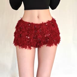 SylCue Furry Tassel Mini Shorts Woman 2026 New Style Sequin Patchwork Elastic Waist Sweet Girls Street Fashion Elegant Bottoms