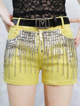 Afashion Korean Style Sequin Tassel Women's Shorts Cotton Stretch Denim Slimming High Waist Straight Leg Jeans Outerwear Hot Pan