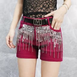 Afashion Korean Style Sequin Tassel Women's Shorts Cotton Stretch Denim Slimming High Waist Straight Leg Jeans Outerwear Hot Pan