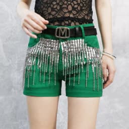 Afashion Korean Style Sequin Tassel Women's Shorts Cotton Stretch Denim Slimming High Waist Straight Leg Jeans Outerwear Hot Pan