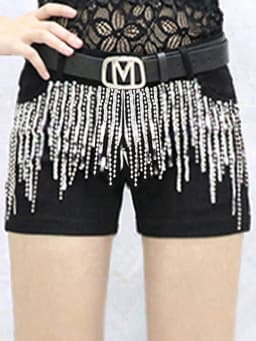 Afashion Korean Style Sequin Tassel Women's Shorts Cotton Stretch Denim Slimming High Waist Straight Leg Jeans Outerwear Hot Pan