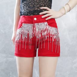 Afashion Korean Style Sequin Tassel Women's Shorts Cotton Stretch Denim Slimming High Waist Straight Leg Jeans Outerwear Hot Pan