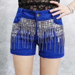 Afashion Korean Style Sequin Tassel Women's Shorts Cotton Stretch Denim Slimming High Waist Straight Leg Jeans Outerwear Hot Pan