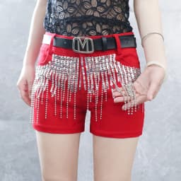 Afashion Korean Style Sequin Tassel Women's Shorts Cotton Stretch Denim Slimming High Waist Straight Leg Jeans Outerwear Hot Pan