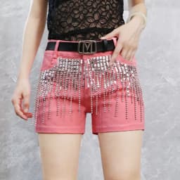 Afashion Korean Style Sequin Tassel Women's Shorts Cotton Stretch Denim Slimming High Waist Straight Leg Jeans Outerwear Hot Pan