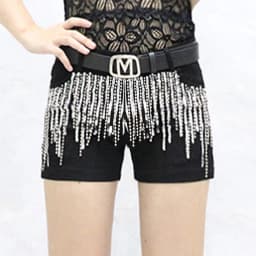 Afashion Korean Style Sequin Tassel Women's Shorts Cotton Stretch Denim Slimming High Waist Straight Leg Jeans Outerwear Hot Pan