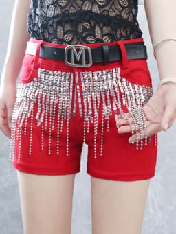 Afashion Korean Style Sequin Tassel Women's Shorts Cotton Stretch Denim Slimming High Waist Straight Leg Jeans Outerwear Hot Pan