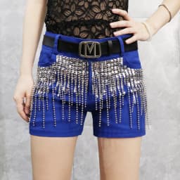 Afashion Korean Style Sequin Tassel Women's Shorts Cotton Stretch Denim Slimming High Waist Straight Leg Jeans Outerwear Hot Pan
