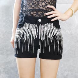 Afashion Korean Style Sequin Tassel Women's Shorts Cotton Stretch Denim Slimming High Waist Straight Leg Jeans Outerwear Hot Pan