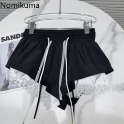 New Bottoms Korean Shorts Women High Waist Casual Patchwork Lace Wide Leg Shorts Bandage Chic Summer Pantalones Cortos De Mujer