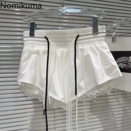 New Bottoms Korean Shorts Women High Waist Casual Patchwork Lace Wide Leg Shorts Bandage Chic Summer Pantalones Cortos De Mujer