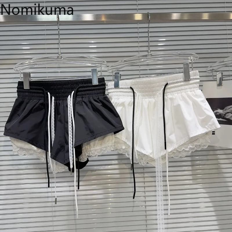 New Bottoms Korean Shorts Women High Waist Casual Patchwork Lace Wide Leg Shorts Bandage Chic Summer Pantalones Cortos De Mujer