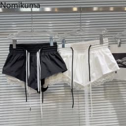 New Bottoms Korean Shorts Women High Waist Casual Patchwork Lace Wide Leg Shorts Bandage Chic Summer Pantalones Cortos De Mujer