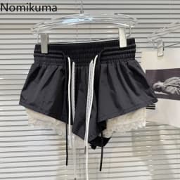 New Bottoms Korean Shorts Women High Waist Casual Patchwork Lace Wide Leg Shorts Bandage Chic Summer Pantalones Cortos De Mujer