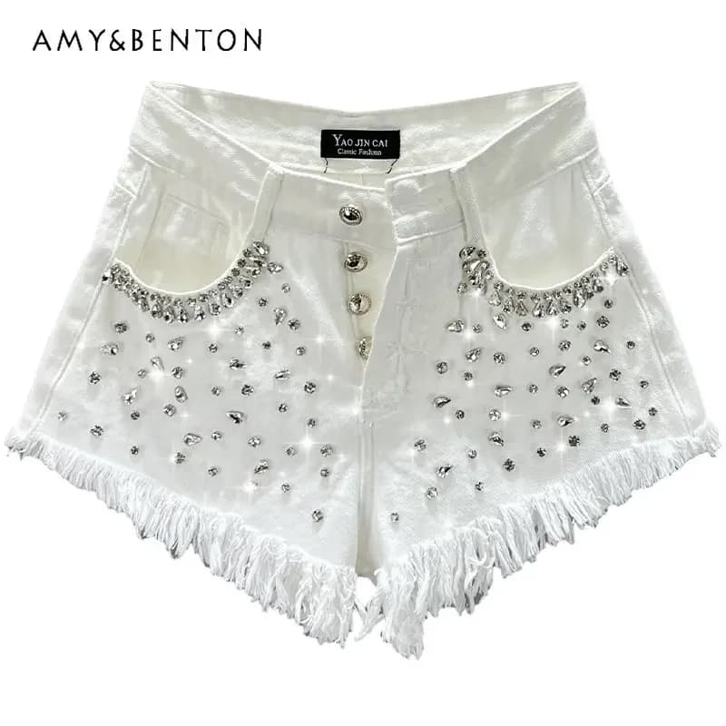 Diamond-Embedded Denim Shorts Women's Fashionable 2026 New Summer High Waist Loose Slimming Raw Hem Wide Legs Short Hot Pants