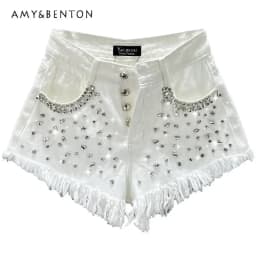 Diamond-Embedded Denim Shorts Women's Fashionable 2026 New Summer High Waist Loose Slimming Raw Hem Wide Legs Short Hot Pants