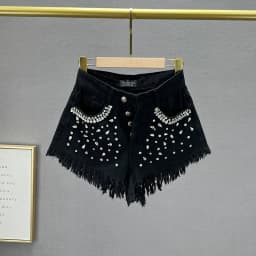 Diamond-Embedded Denim Shorts Women's Fashionable 2026 New Summer High Waist Loose Slimming Raw Hem Wide Legs Short Hot Pants