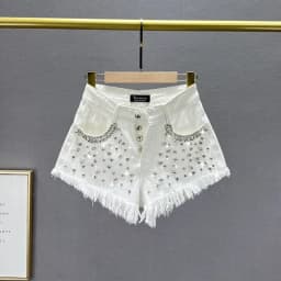 Diamond-Embedded Denim Shorts Women's Fashionable 2026 New Summer High Waist Loose Slimming Raw Hem Wide Legs Short Hot Pants