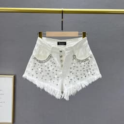 Diamond-Embedded Denim Shorts Women's Fashionable 2026 New Summer High Waist Loose Slimming Raw Hem Wide Legs Short Hot Pants