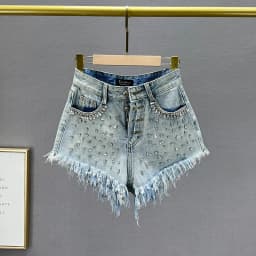 Diamond-Embedded Denim Shorts Women's Fashionable 2026 New Summer High Waist Loose Slimming Raw Hem Wide Legs Short Hot Pants