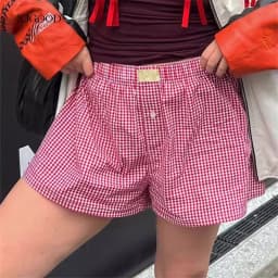 Women's Shorts, Teenage Girls' Elastic Waistband, Checkered Shorts, Casual Summer Shorts, Comfortable High Waisted Loose Shorts