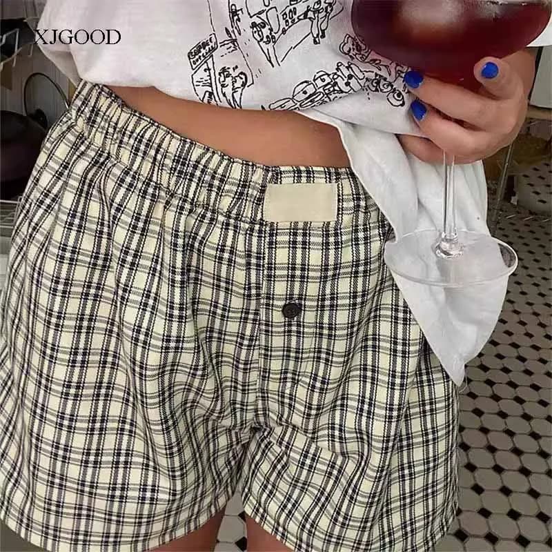 Women's Shorts, Teenage Girls' Elastic Waistband, Checkered Shorts, Casual Summer Shorts, Comfortable High Waisted Loose Shorts