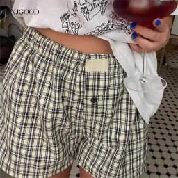Women's Shorts, Teenage Girls' Elastic Waistband, Checkered Shorts, Casual Summer Shorts, Comfortable High Waisted Loose Shorts