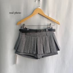Kimotimo Womens Shorts Autumn Winter Belt High Waist Fluffy Pleated A-line Short Pants Korean Fashion Sexy Y2k All Match Clothes
