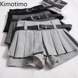 Kimotimo Womens Shorts Autumn Winter Belt High Waist Fluffy Pleated A-line Short Pants Korean Fashion Sexy Y2k All Match Clothes