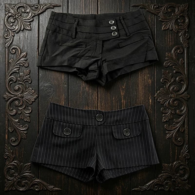 Y2K Coquette Low Waist Mini Shorts Cuffed Hem Striped Solid Black Twill Button Pocket Vintage Street Daily Hot Pants