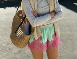 Contrast Lace Hem Elastic Waist Women's Shorts Mint Green Relaxed Shorts Raw Edge Relaxed Shorts Home Relaxing Wear