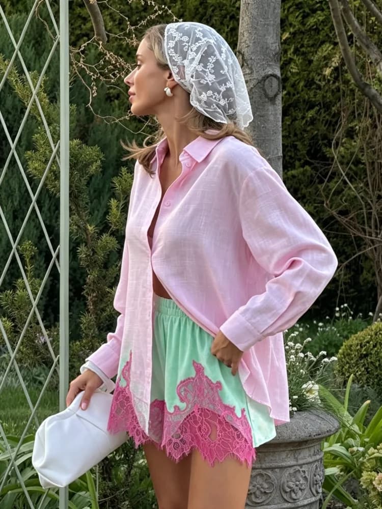 High Street Mint Green Velvet Shorts With Patchwork Lace Trim Paneled Elastic Waist Trousers Women Chic Edgy 2026 Summer Outfits