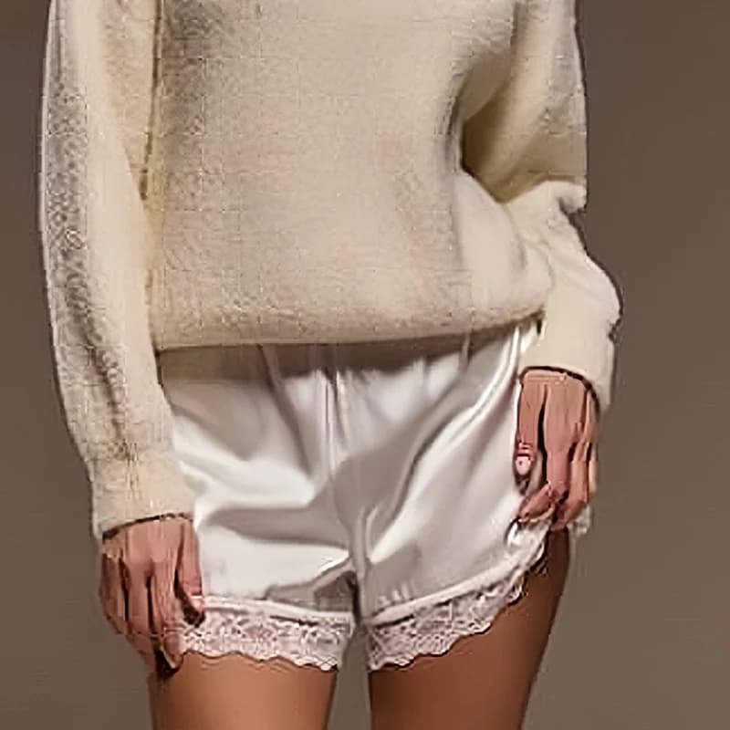Women Y2k Slik Satin Lounge Shorts Elastic Waist Lace Patchwork Loose Pajamas Shorts Sleepwear Home Botton