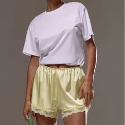 Women Y2k Slik Satin Lounge Shorts Elastic Waist Lace Patchwork Loose Pajamas Shorts Sleepwear Home Botton