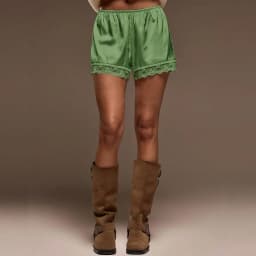 Women Y2k Slik Satin Lounge Shorts Elastic Waist Lace Patchwork Loose Pajamas Shorts Sleepwear Home Botton